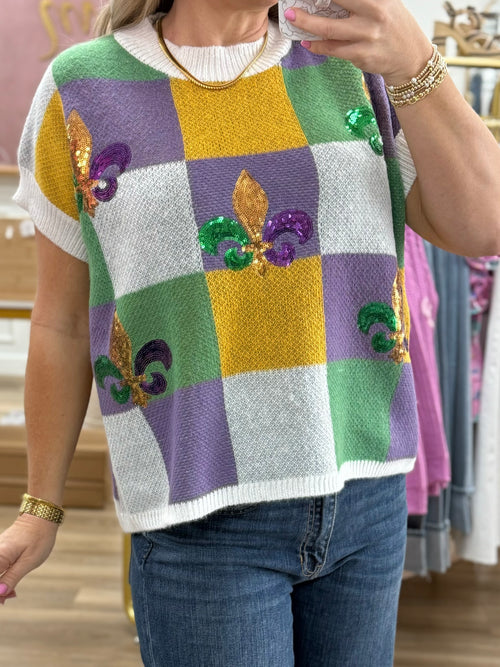 Mardi Gras Checkered Sweater