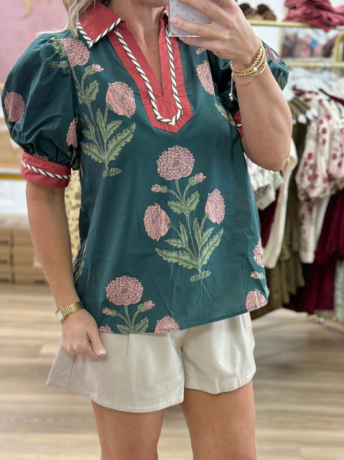 Hunter Green Bubble Sleeve Top