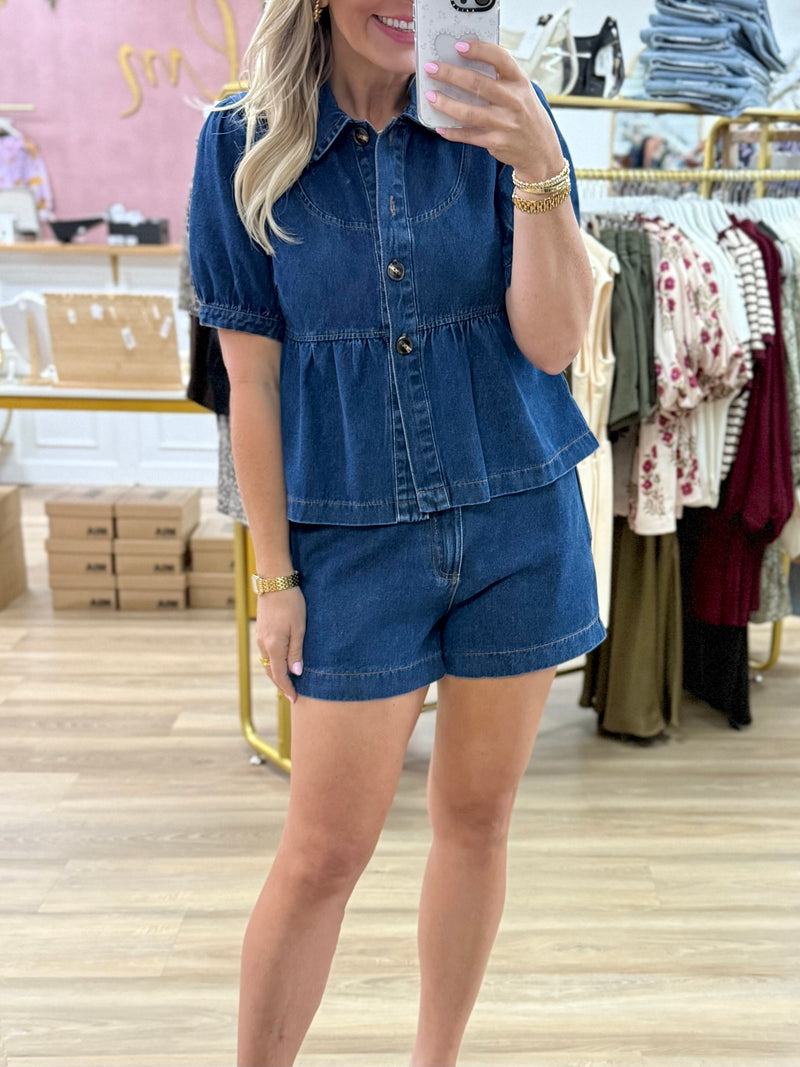 Puff Sleeve Denim Top With Shorts