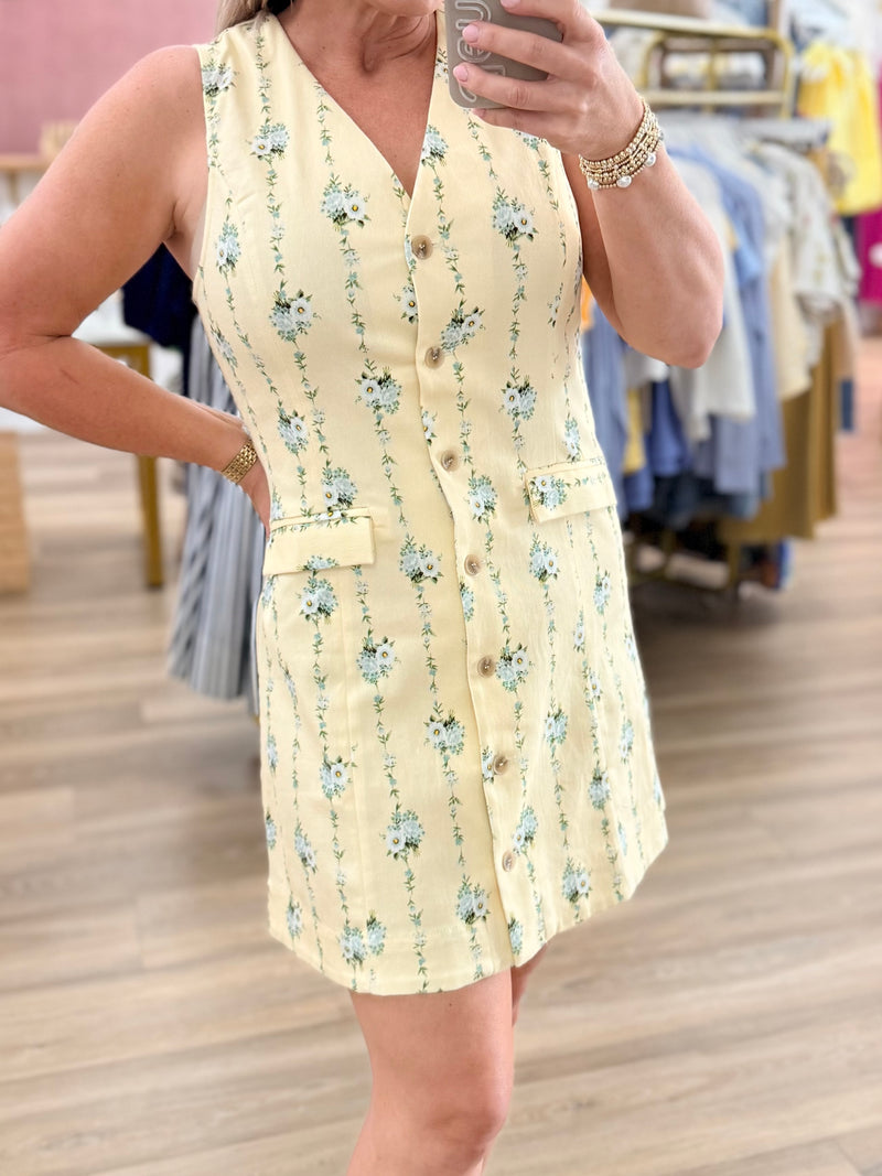 Yellow Floral Denim Dress Large