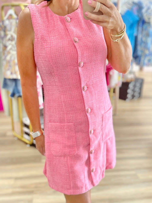 Pink Tweed Button Up Dress
