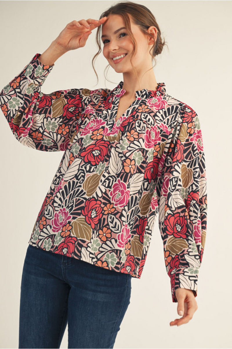 Black Floral Long Sleeve Blouse