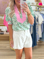 Green/White Printed Top
