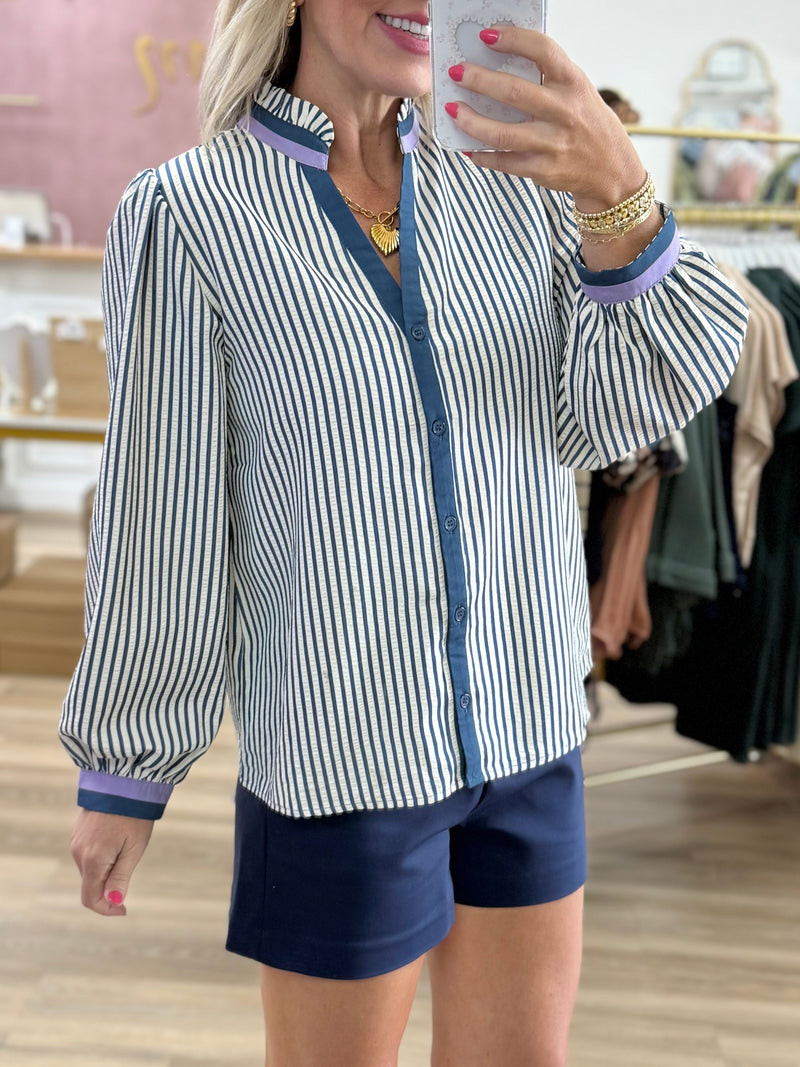 Blue Stripe Button Up Top