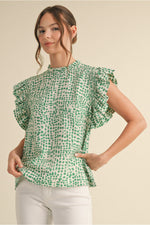 Green/Cream Ruffle Sleeve Top