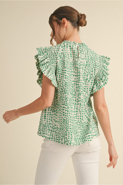 Green/Cream Ruffle Sleeve Top