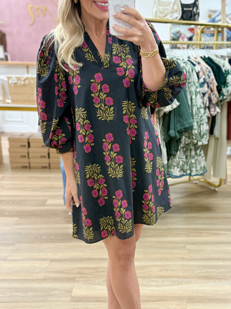 Black 3/4 Sleeve Floral Dress