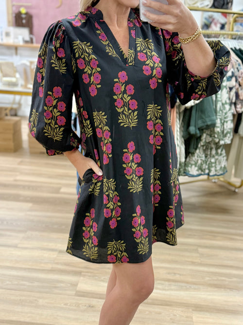 Black 3/4 Sleeve Floral Dress