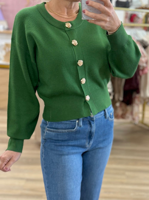 Green Cardigan w/Gold Buttons