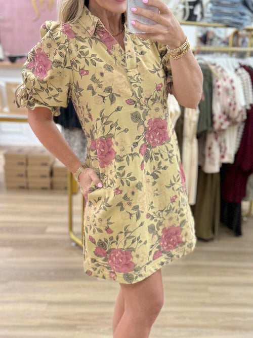 Tan Floral Denim Dress