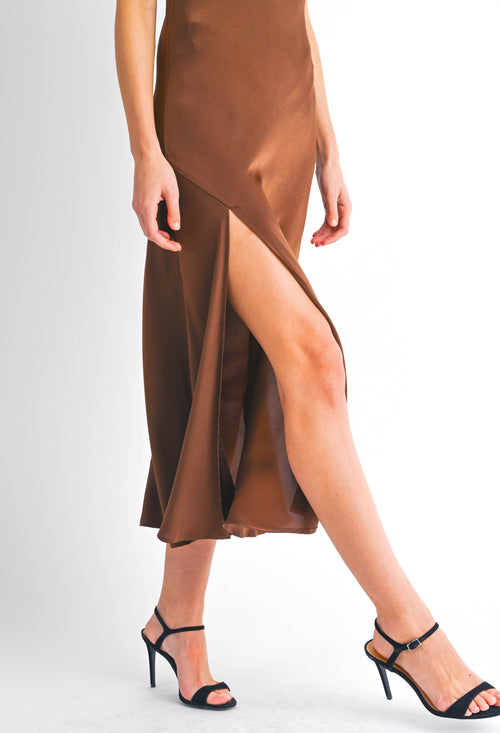 Brown Satin Midi Dress