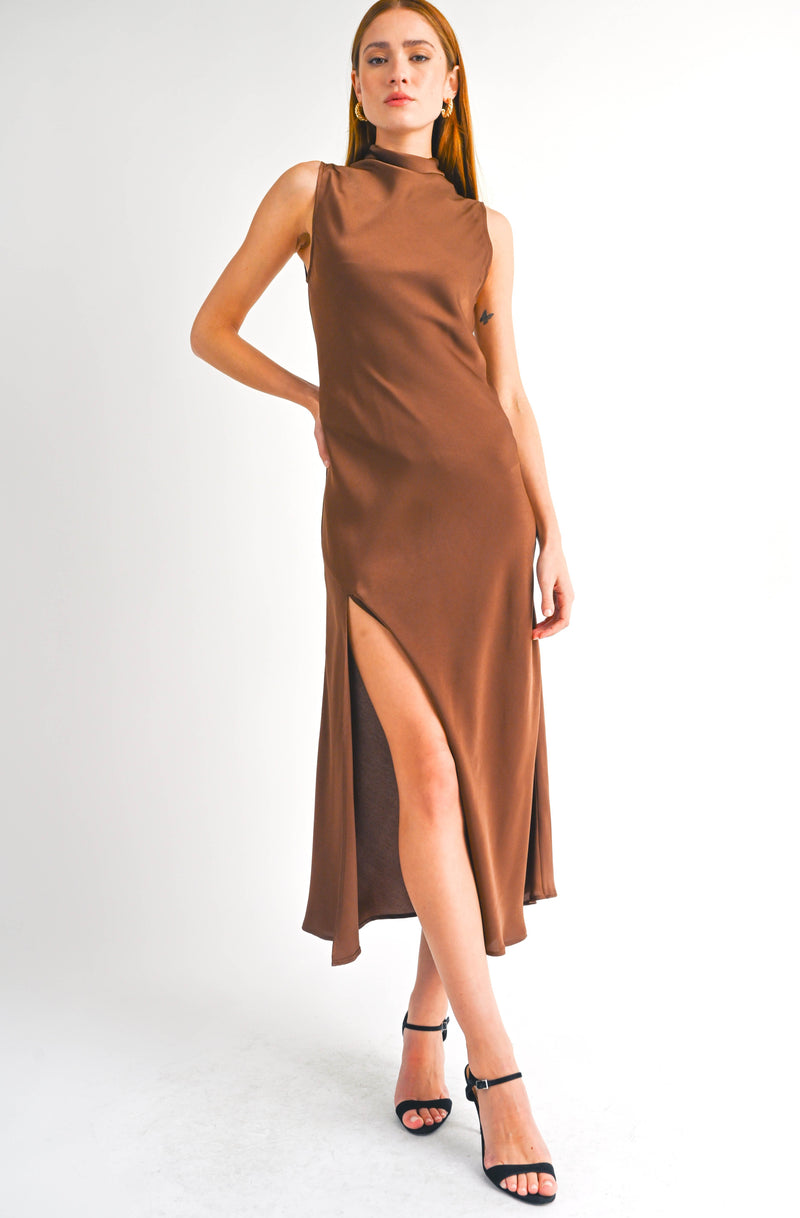 Brown Satin Midi Dress