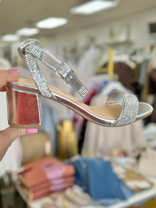 Silver Rhinestone Block Heel