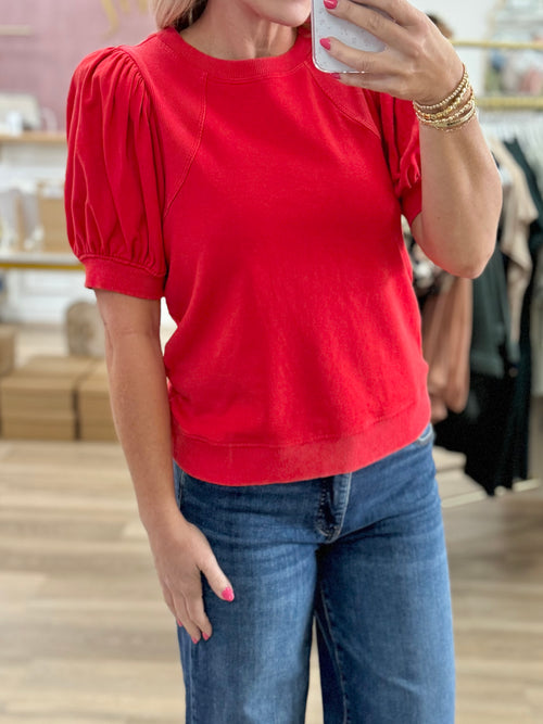Red Pleated Sleeve Top