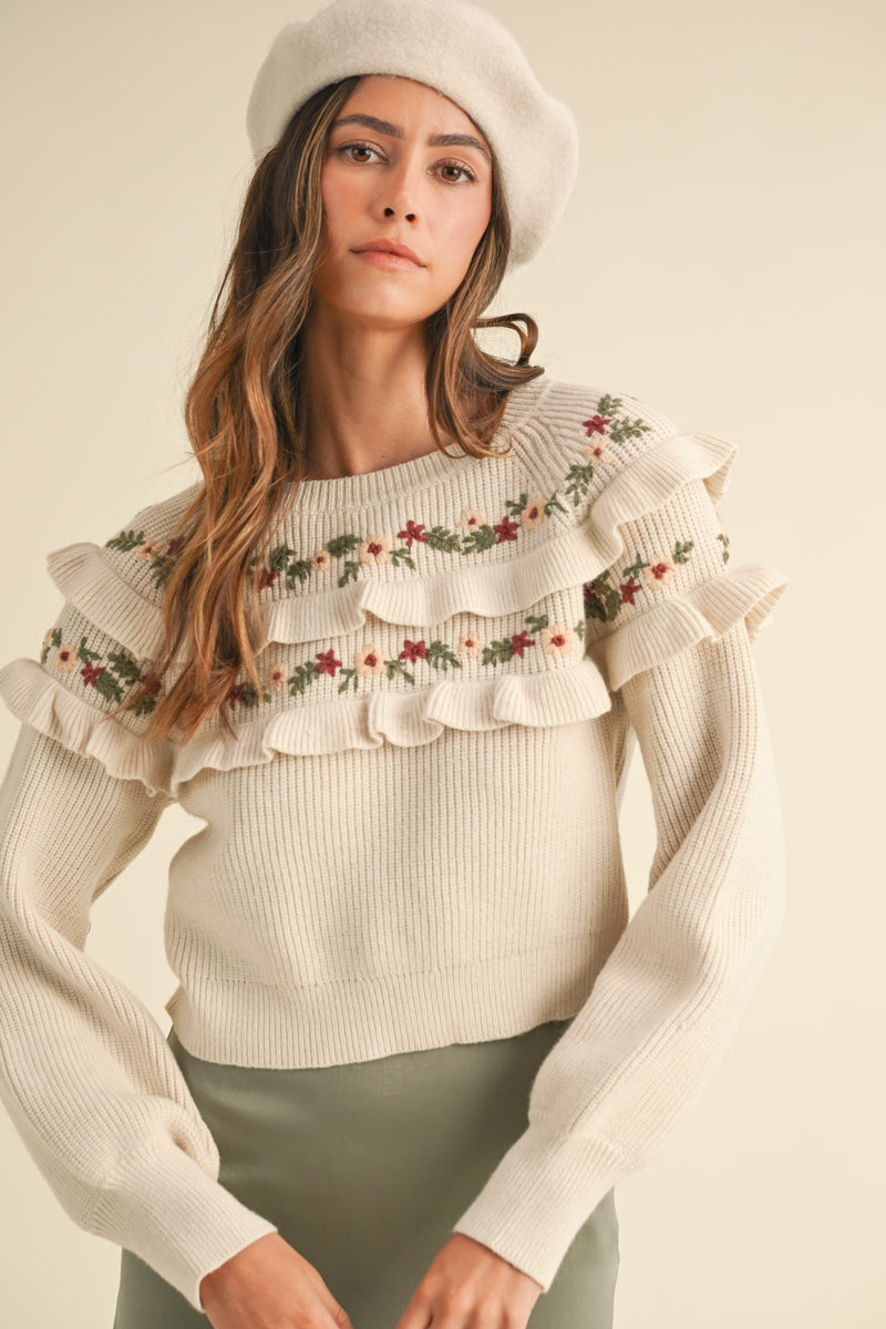 Embroidered Ruffle Sweater