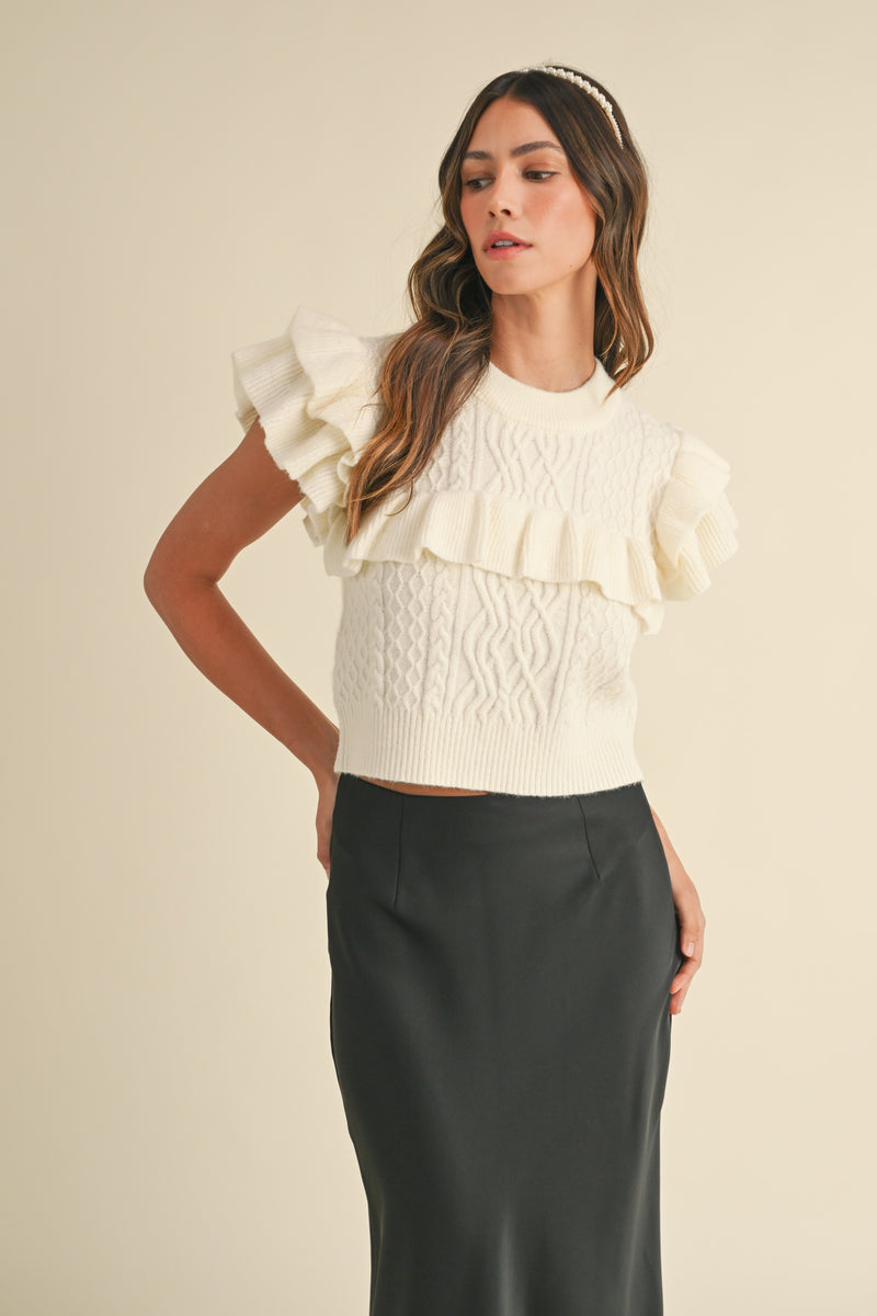 Cream Ruffle Cap Sleeve Sweater