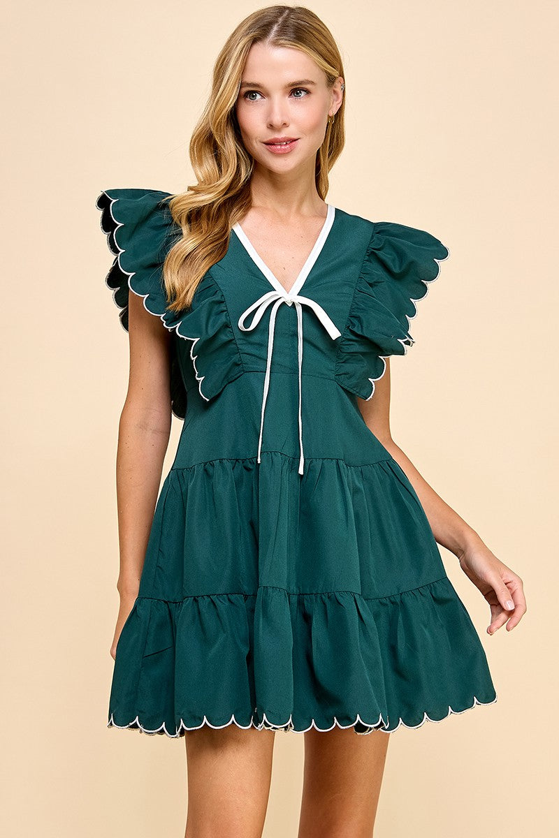 Green V-Neck Poplin Dress