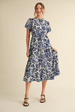 Blue/Cream Printed Midi Dress