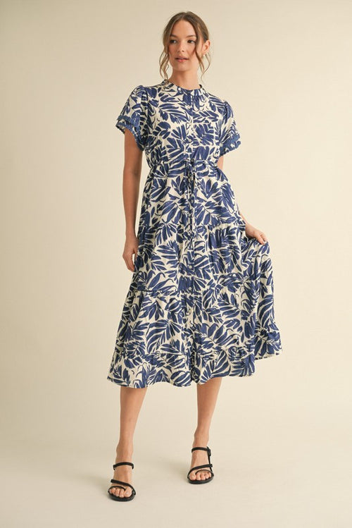 Blue/Cream Printed Midi Dress
