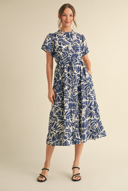 Blue/Cream Printed Midi Dress