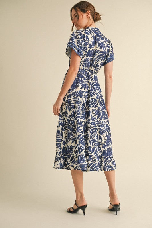 Blue/Cream Printed Midi Dress
