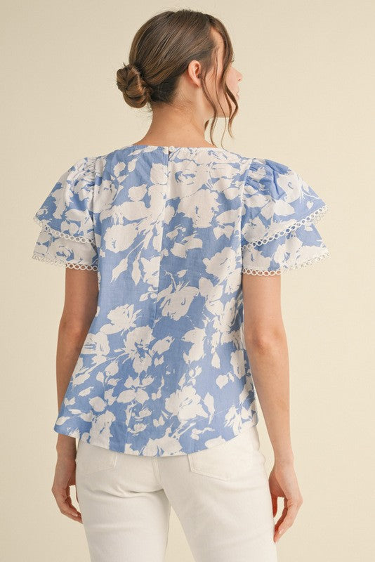 Blue Printed/Eyelet Trim Top