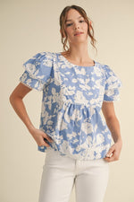 Blue Printed/Eyelet Trim Top
