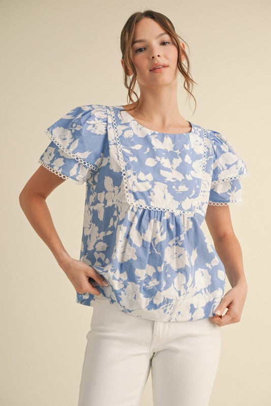 Blue Printed/Eyelet Trim Top