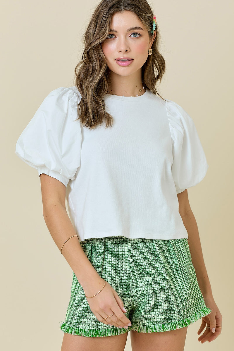 White Bubble Sleeve Top