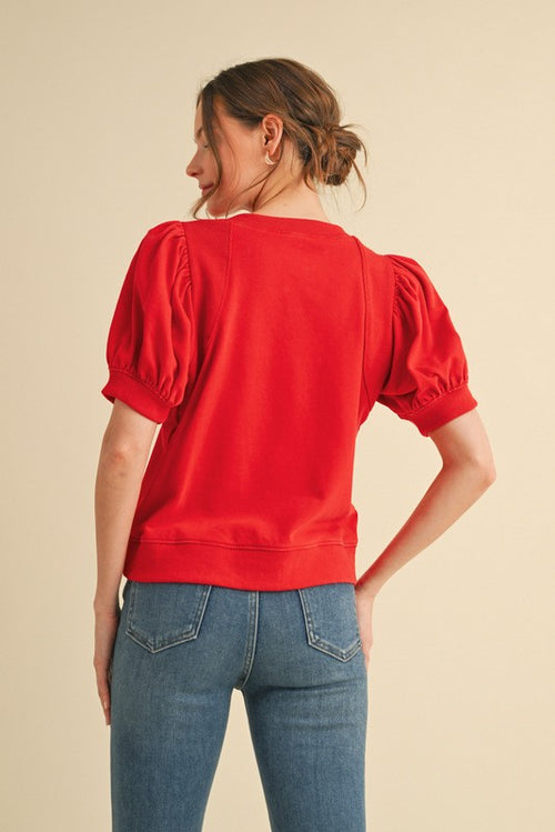 Red Pleated Sleeve Top