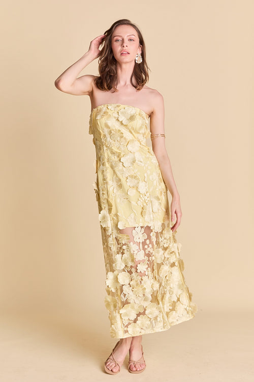 Strapless Yellow Embroidered Maxi