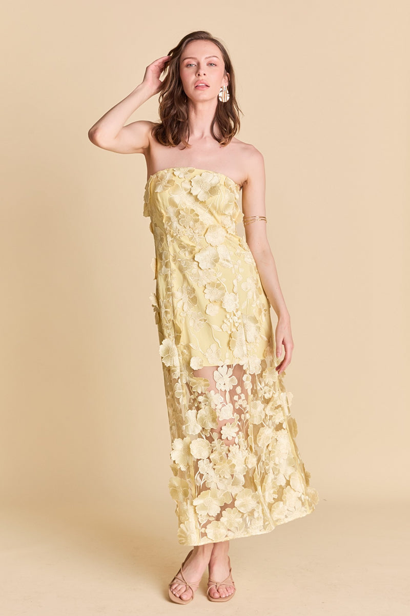 Strapless Yellow Embroidered Maxi