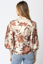 Cream/Brown Floral Satin Blouse
