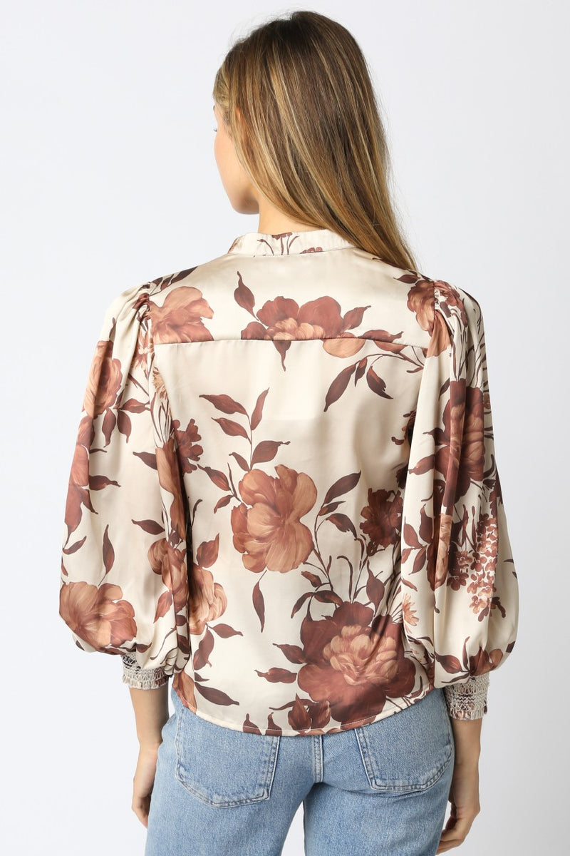 Cream/Brown Floral Satin Blouse