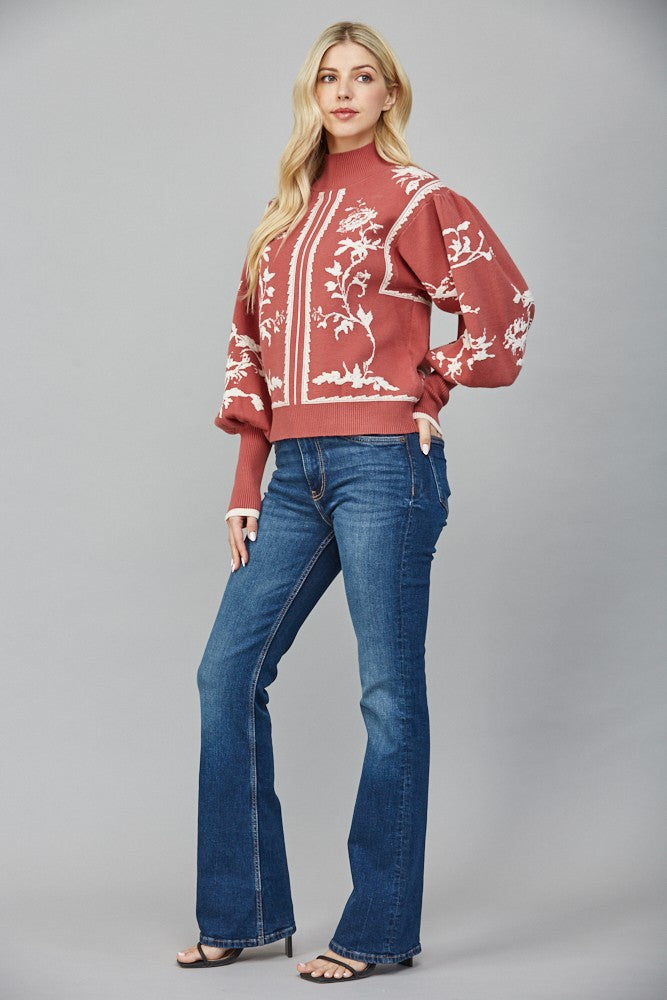 Floral Print Mock Neck Sweater