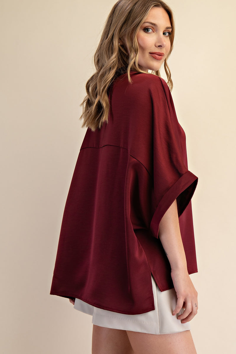 Burgundy Oversized Satin Top