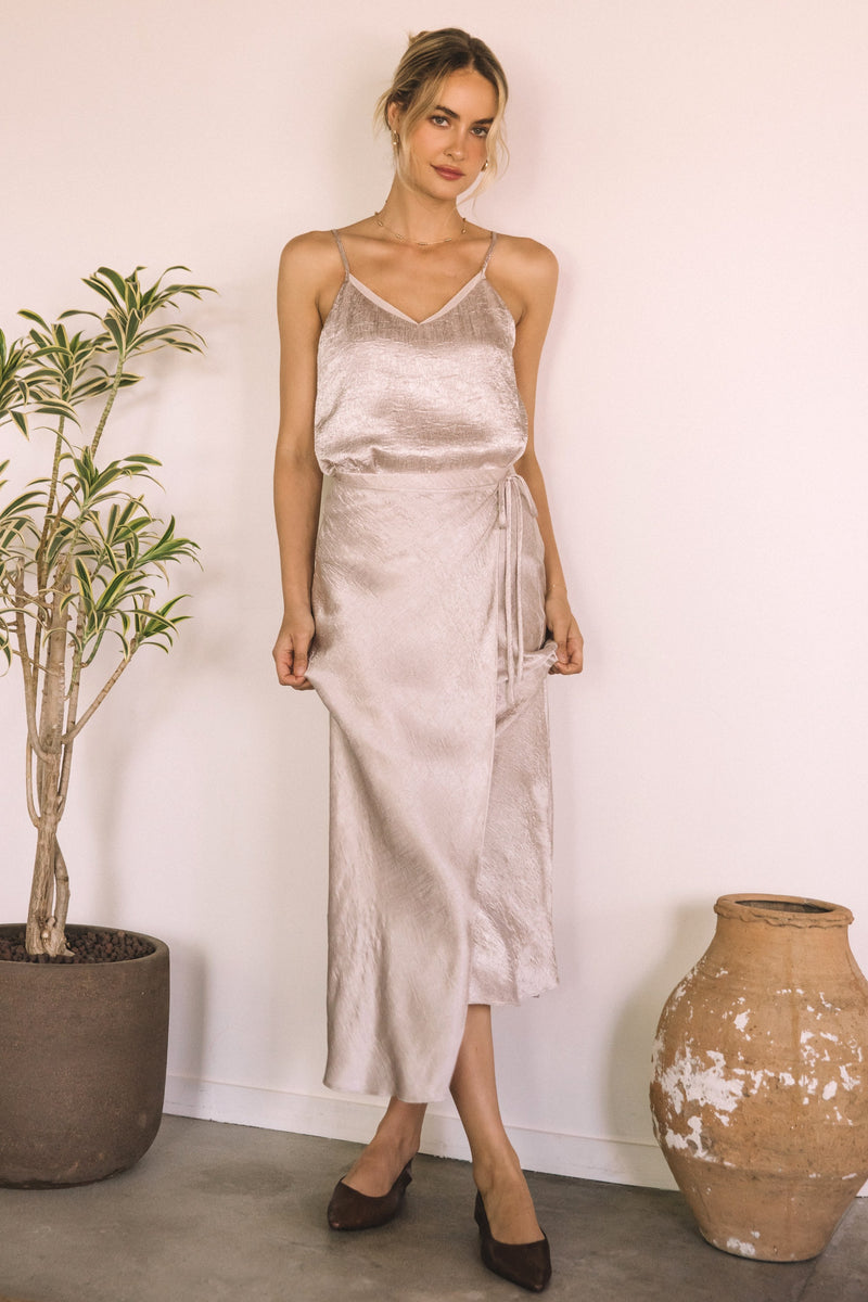 Champagne Satin Midi Skirt