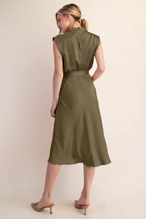 Olive Satin Midi Dress