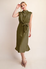 Olive Satin Midi Dress