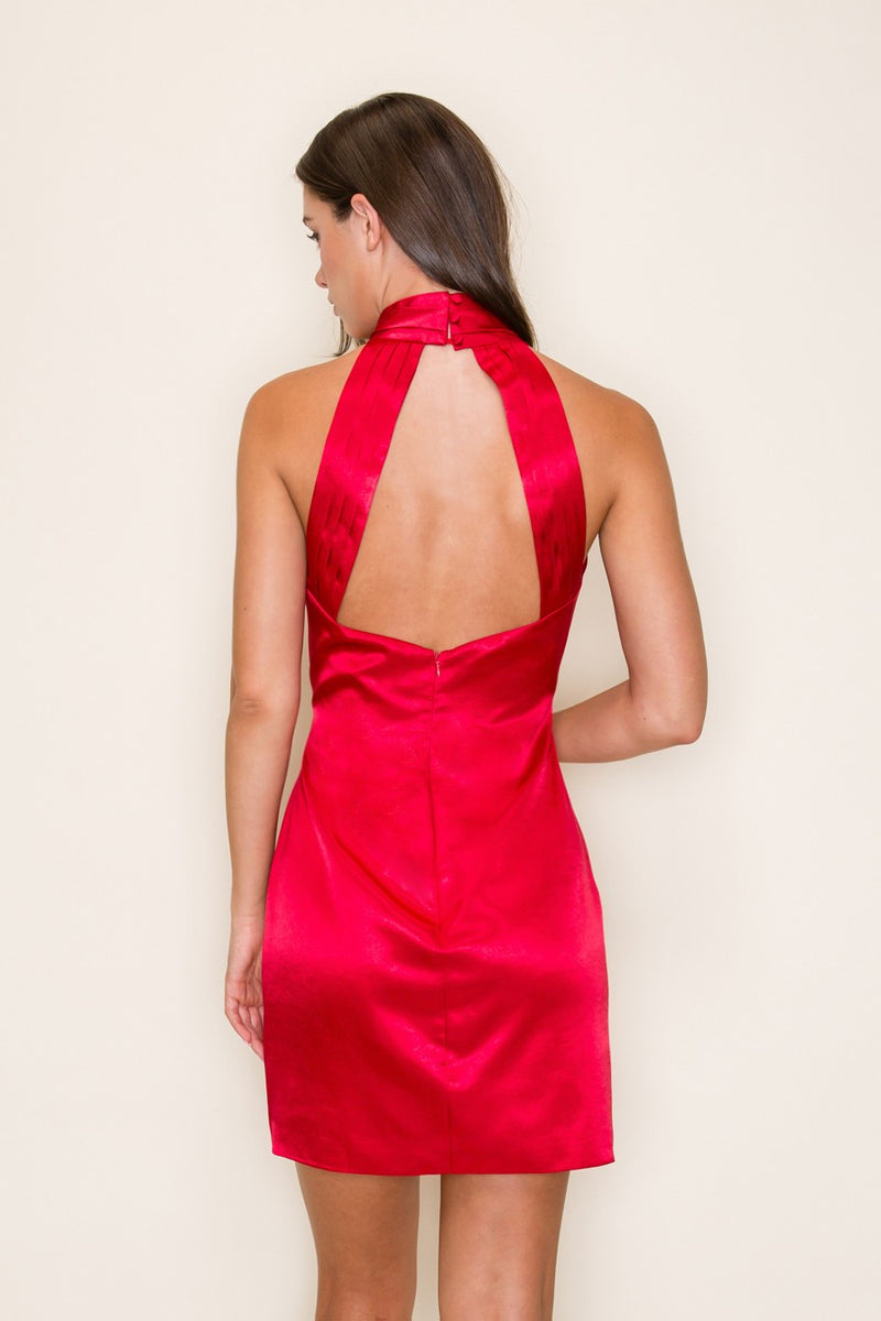 Red Halter Satin Dress