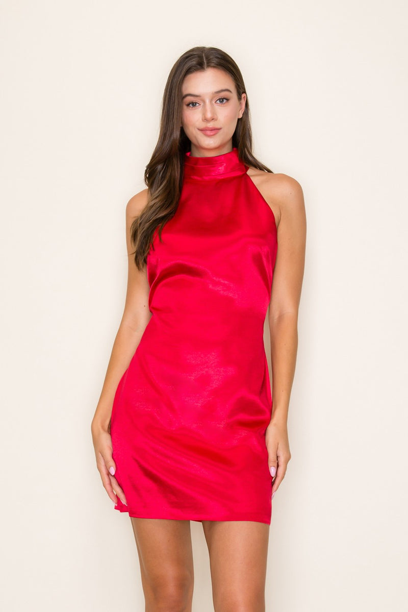Red Halter Satin Dress