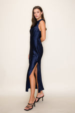 Navy Satin Midi Dress