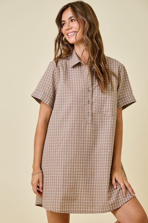 Mocha Checkered Shirt Dress