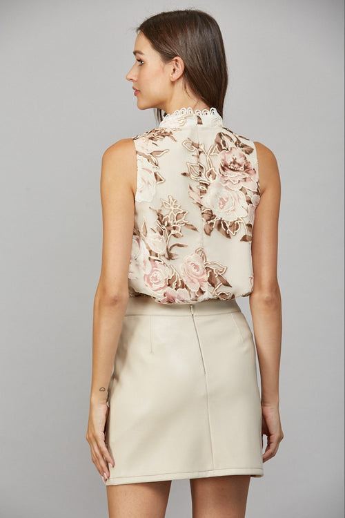 Cream Floral Mock Neck Top