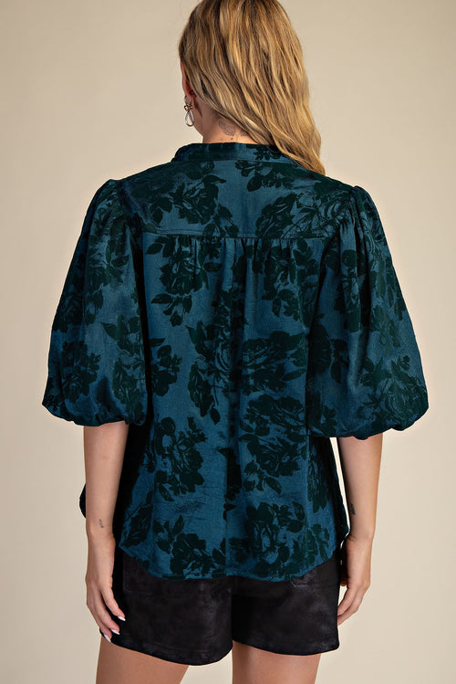 Blue/Velvet Puff Sleeve Top