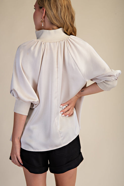 Cream Satin Mock Neck Blouse