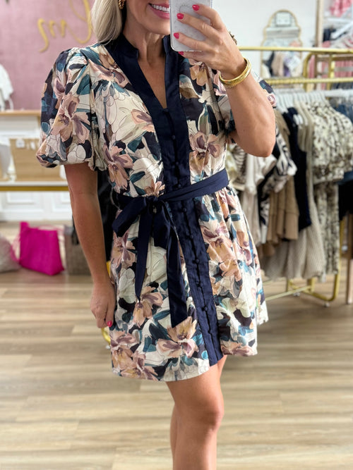 Navy Floral Belted Dress