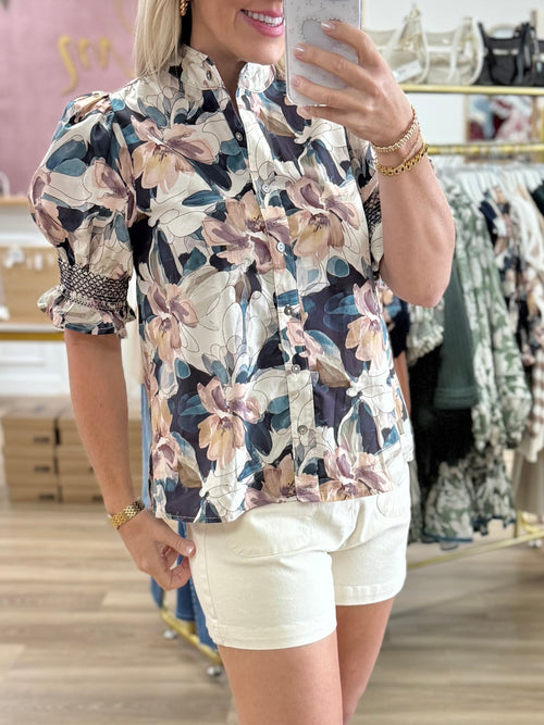 Navy Floral Button Up