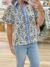 Blue Floral Button Front Top