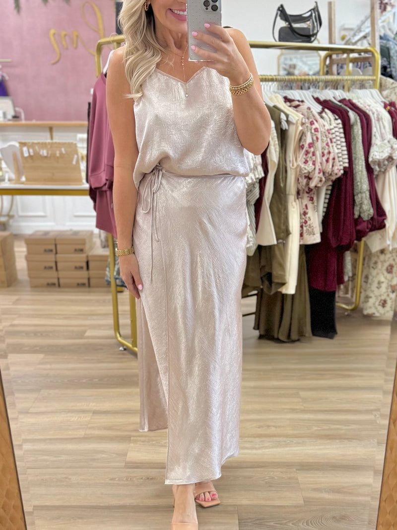 Champagne Satin Midi Skirt